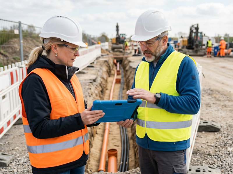 Eine Frau und ein Mann in Warnwesten und Helmen betrachten an einer Baustelle ein Tablet 