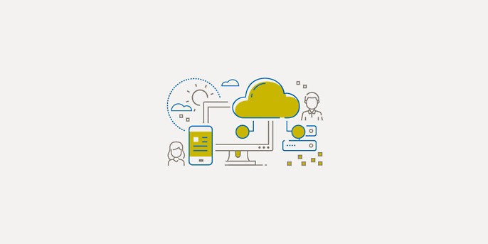 Illustration monitor connected to smartphone, cloud and figures