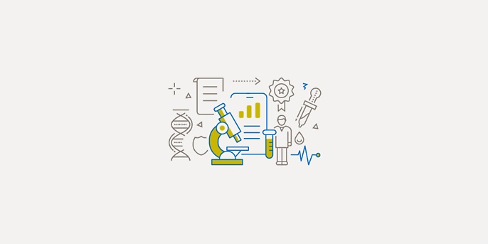 Illustration Microscope, syringe, DNA strand and test tube