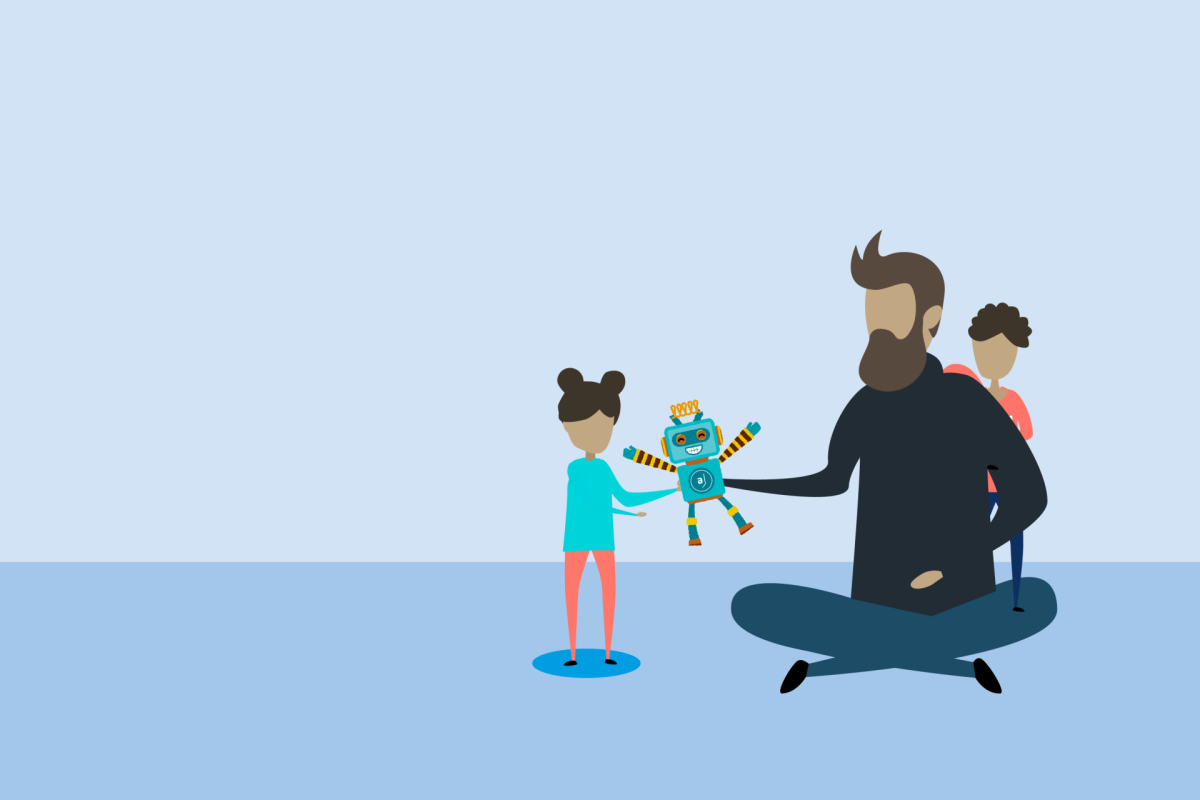 Illustration eine sitzenden Mannes mit zwei Kindern