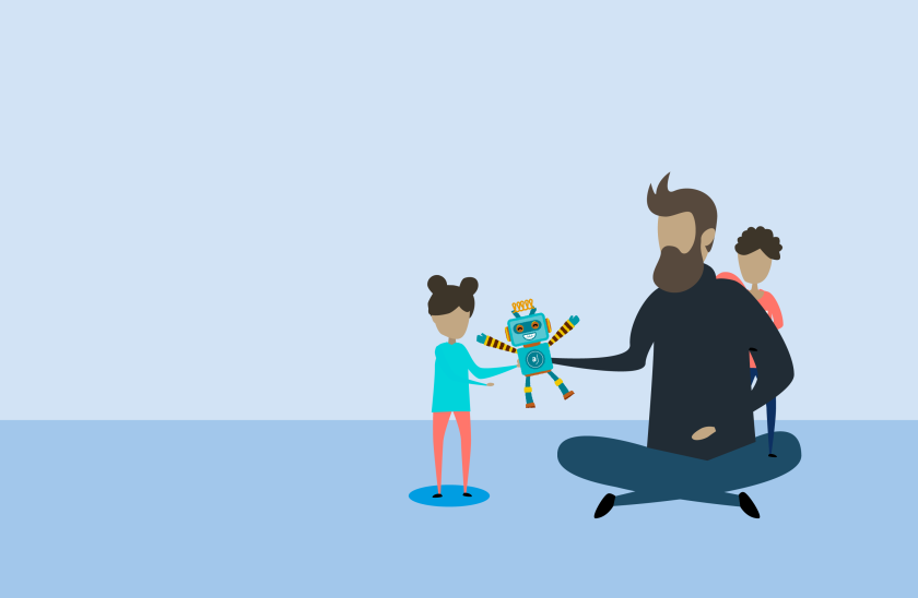Illustration eine sitzenden Mannes mit zwei Kindern