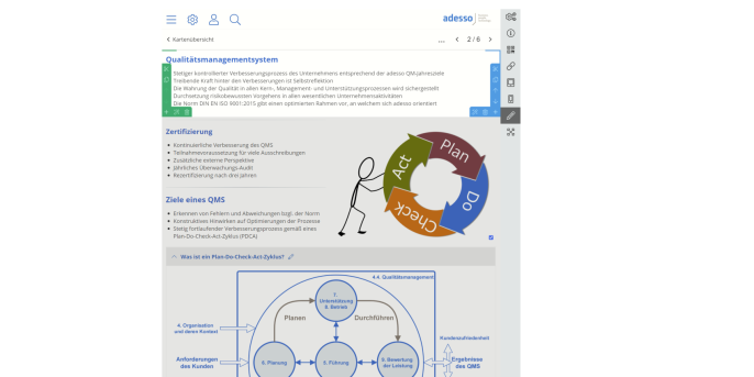 Webeditor mit Inhaltselementen und Bearbeitungswerkzeugen zum PDCA-Zyklus