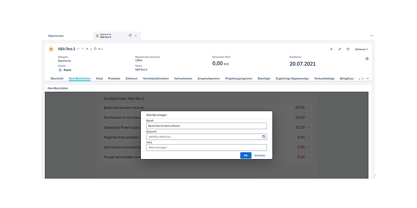 Screenshot from the Next Best Action application interface – Creating an activity