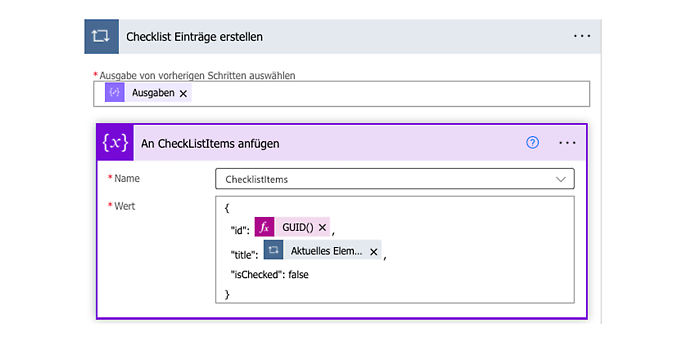 JSON-Struktur für Checklisteinträge füllen und im Array ChecklistItems ablegen