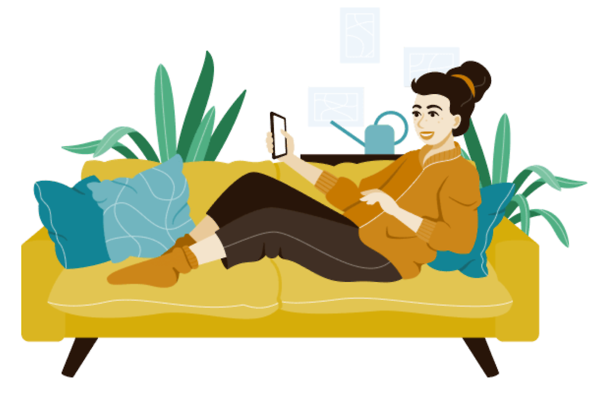 Illustration einer Frau, die auf dem Sofa liegt und Onlineshopping mit einem Notebook macht