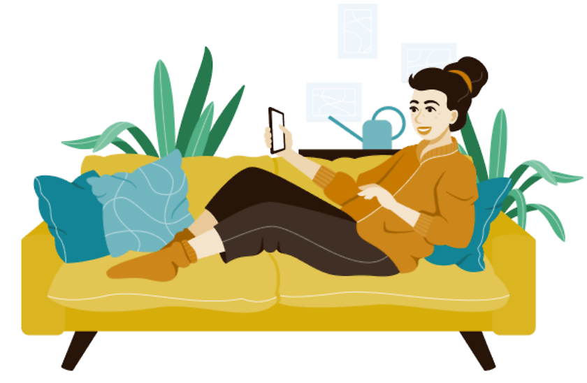 Illustration einer Frau, die auf dem Sofa liegt und Onlineshopping mit einem Notebook macht