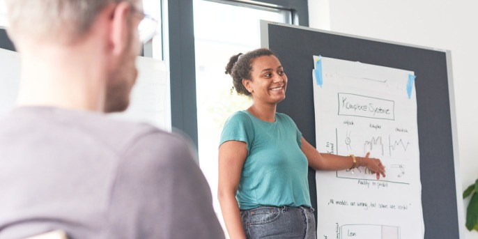 Mitarbeiterin präsentiert am Whiteboard