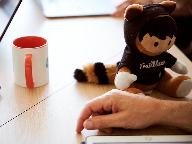 Salesforce Maskottchen auf einem Schreibtisch