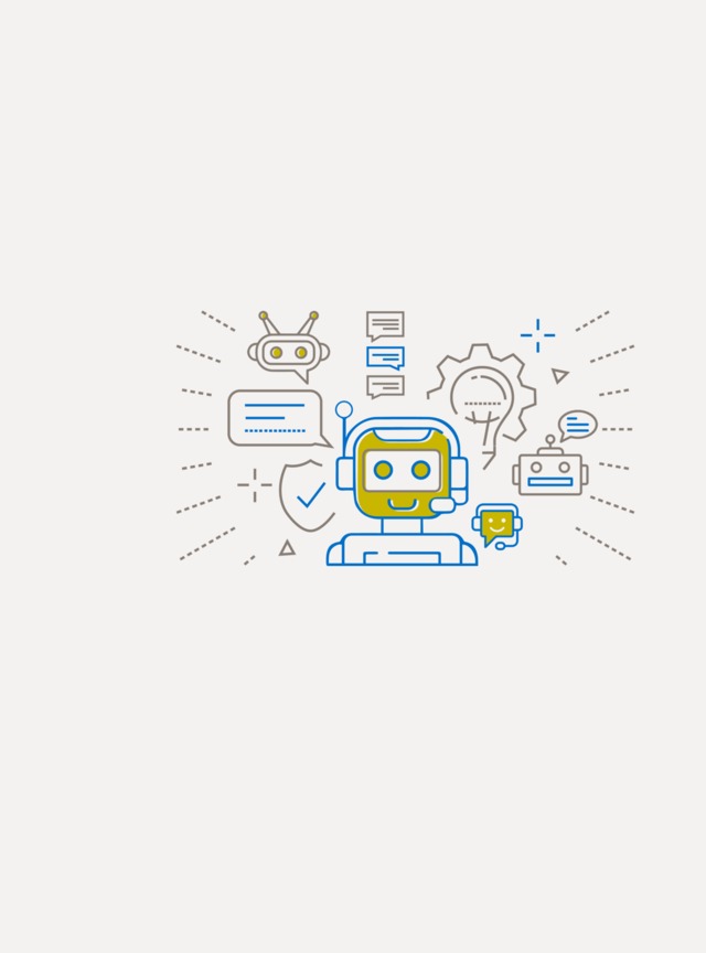 Illustration mit Hello-Schriftzug und Chatbot-Roboter