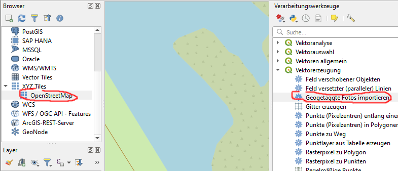 Menüpunkte für den Import von OSM und Fotos